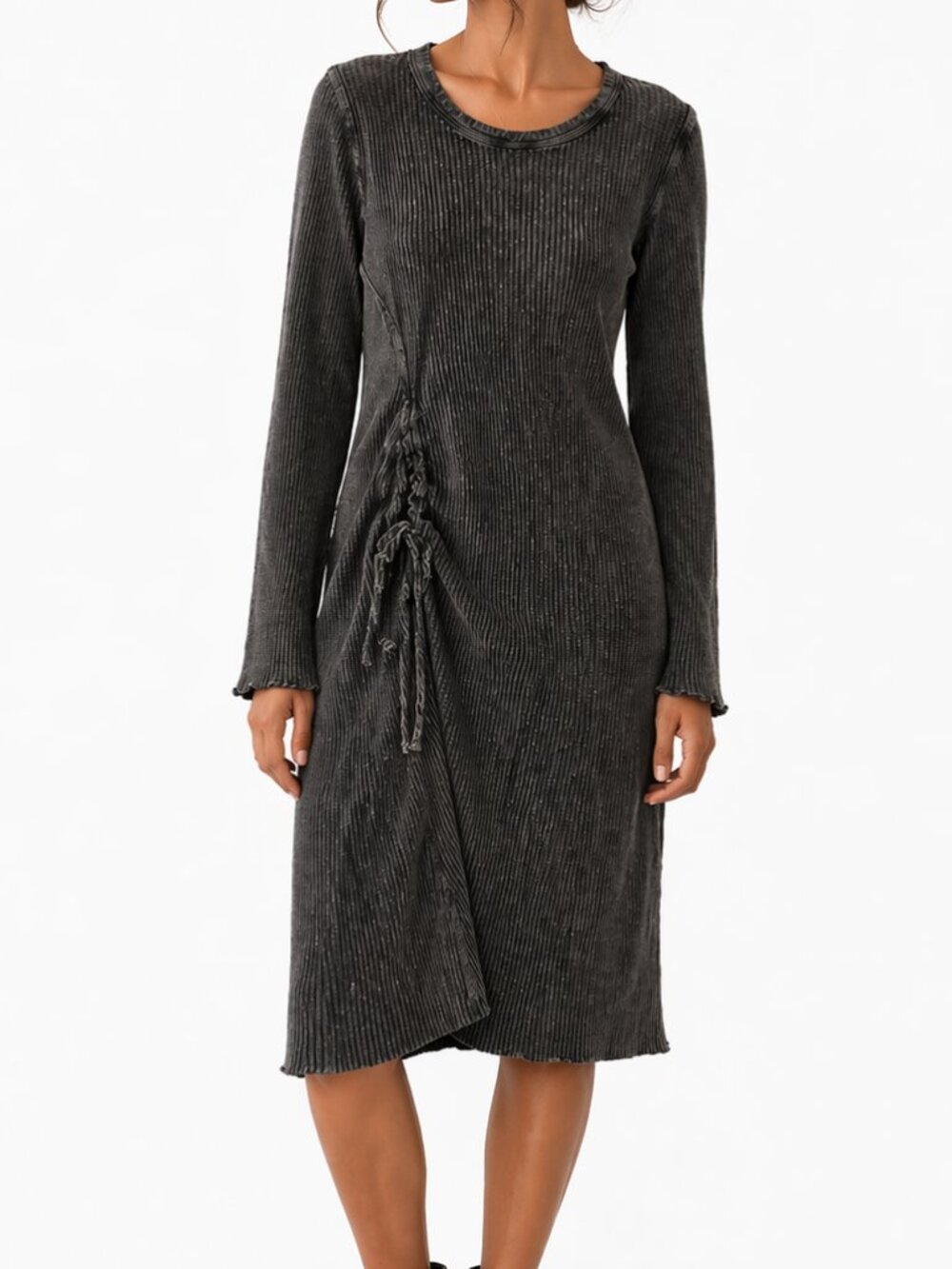 Free People Ribbed Knit Dress Size XL Asymmetrical Ruched Midi Boho Goth
